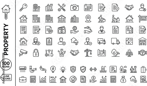 A collection of 100 line icons related to property and real estate on a white background AI, eps, png, jpg. transparent background.