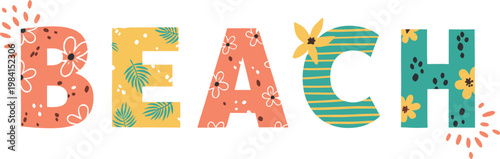 Colorful beach word with tropical patterns and sunburst elements on white background