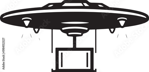 UFO, spaceship, flying saucer, lifting box, black and white vector icon