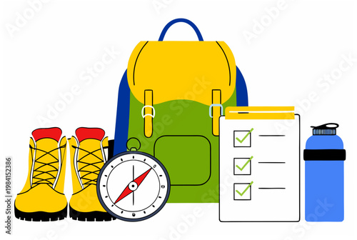 Hiking and camping equipment with backpack, boots, compass, checklist, and water bottle. Flat style vector illustration for travel