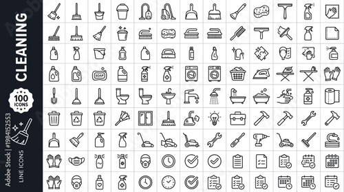 A collection of 100 line icons depicting various cleaning tools and supplies on a white background. AI, eps, png, jpg. transparent background.