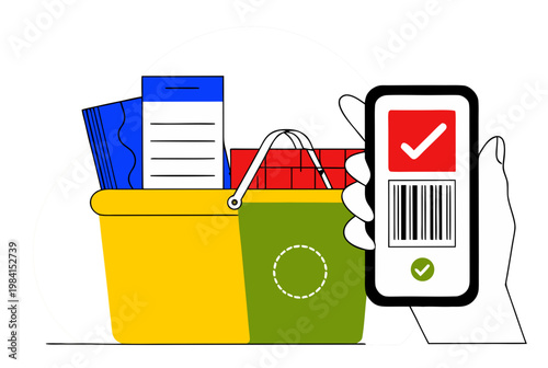 Woman hand holding smartphone scanning barcode a shopping basket of goods. Automated self-checkout and retail concept. Vector illustration
