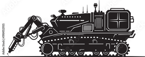 Industrial drilling machine, heavy equipment, construction vehicle, black and white vector