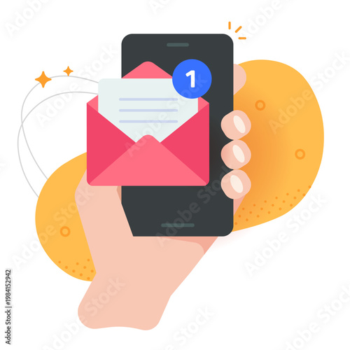 New email mail message on smartphone mobile phone notification in person hand modern cartoon minimal graphic illustration, virtual digital online letter in envelope cellphone screen received 
