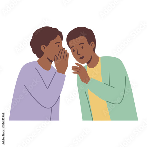 Two people are sharing a secret and whispering to each other confidentially indoors.