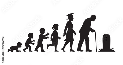 Human life cycle from birth to old age and death, life stages vector illustration on white background