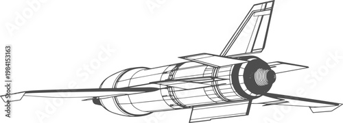 Detailed hand drawn sketch illustration of a cruise missile with wings fully extended, created in a clean line art style. suitable for defense, military, aviation, engineering, and strategic theme