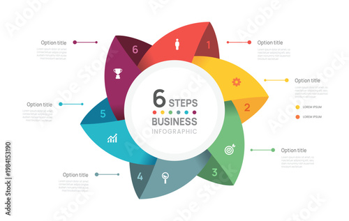 Venn diagram business infographic circle chart template 6 steps options, presentation with Circular diagram elements vector illustration.