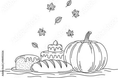 Autumnal still life a sketch of pumpkins pastries and falling leaves