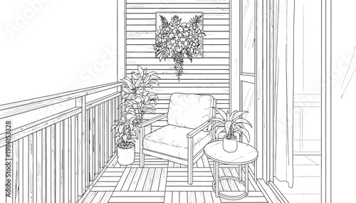 Sketch of a balcony with a small table chair and climbing plants creating a cozy outdoor space