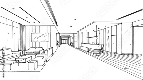 Architectural sketch of a modern interior corridor with seating and linear design elements