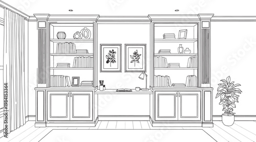 Architectural sketch of a modern kitchen design with island and wall cabinets