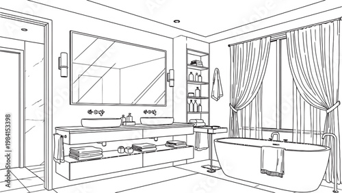 Architectural sketch of a modern bathroom interior with detailed line work