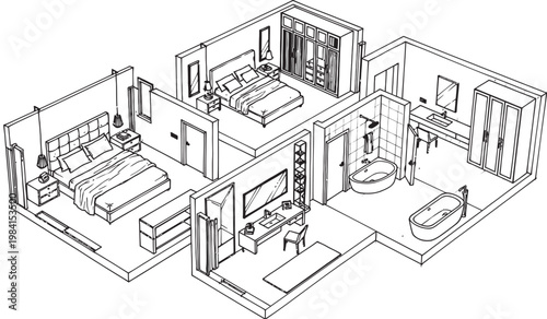 Architectural sketch of a modern bedroom suite with bathroom and walk in closet