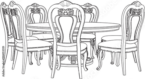 Elegant dining set sketch a round table surrounded by ornate chairs in black and white