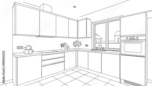Sketch of a modern kitchen interior design with cabinets countertops and appliances