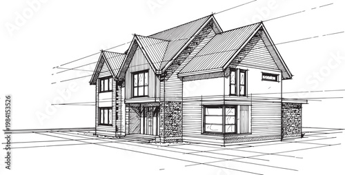 Intricate black and white sketch of a charming old fashioned house with a steeply pitched roof and detailed textures