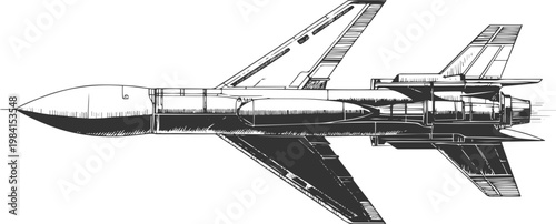 Detailed hand drawn sketch illustration of a cruise missile with wings fully extended, created in a clean line art style. suitable for defense, military, aviation, engineering, and strategic theme