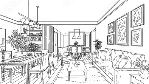 Sketch of an elegant cafe interior with detailed furniture and wall decorations creating a cozy atmosphere