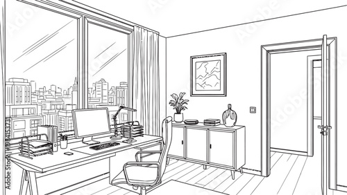 Black and white sketch of a cozy room interior featuring a window furniture and decorative elements