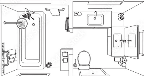 Architectural sketch of a bathroom layout with detailed fixture placement and dimensions
