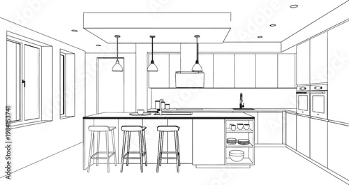 Architectural sketch of a modern kitchen interior with island and pendant lighting