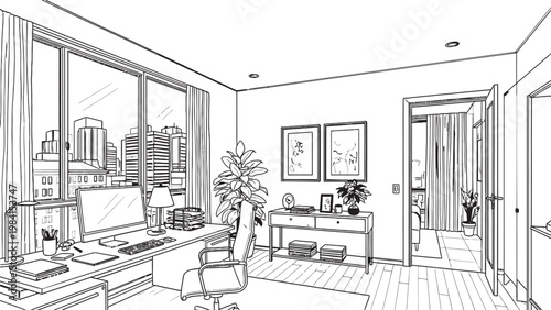 Artistic sketch of a modern home office with large windows and minimalist decor