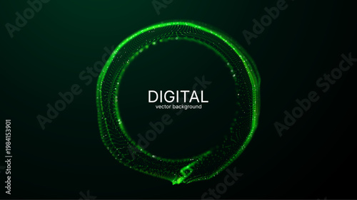 Abstract glowing green particle shape hologram effect vector background. Artificial intelligence, neural networks, data processing concept. Perfect for AI banner, tech presentation, digital innovation