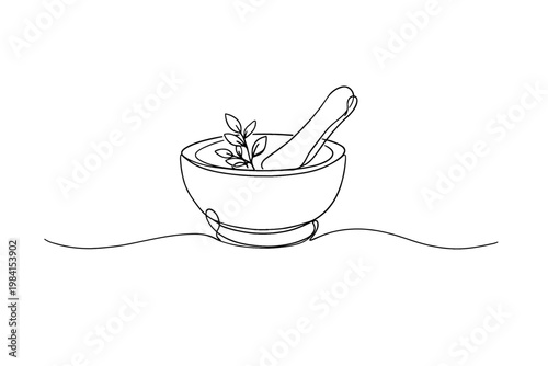 Minimal continuous line drawing of a mortar and pestle with fresh herbs in a bowl, simple monochrome outline illustration on white background