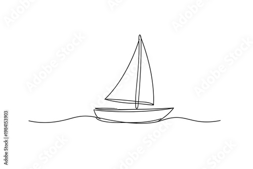 Minimalist continuous line drawing of a small sailboat with mast and sails floating on gentle ocean waves, simple monochrome nautical illustration