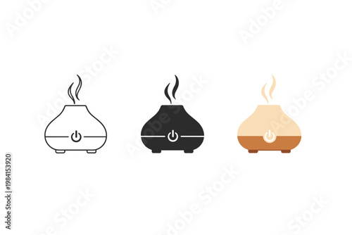 Minimal set of three essential oil diffuser icons in outline, solid, and gradient styles with steam and power button, isolated on white background