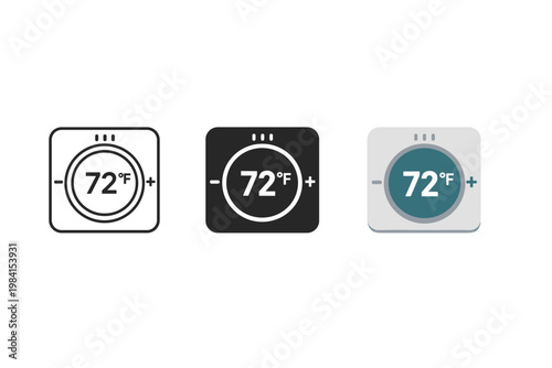 Three thermostat interface icons showing 72°F temperature setting with plus and minus controls, presented in outline, dark, and teal styles