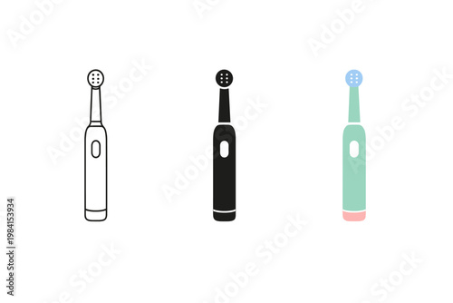 Three electric toothbrush icons in outline and solid styles, showing different color variations on a clean white background for hygiene illustration