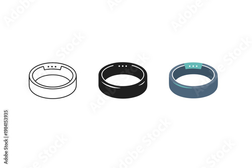Minimal vector illustration of three wearable fitness tracker wristbands shown in outline and solid styles, representing smart wearable technology devices