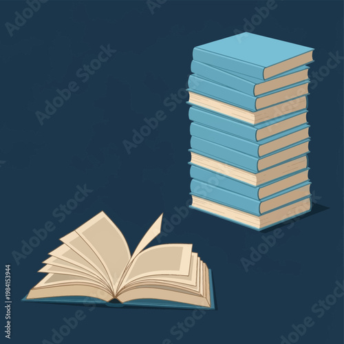 Vector illustration of a tall vertical stack of light blue hardcover books next to a single open book with fanned pages isolated on a dark blue background for education concepts.