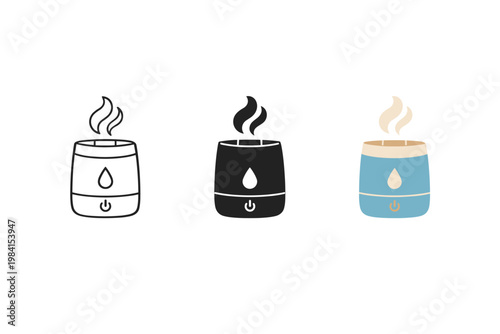 Minimal humidifier icon set in outline, solid, and colored styles with steam and water droplet, showing a small aromatherapy diffuser device on white