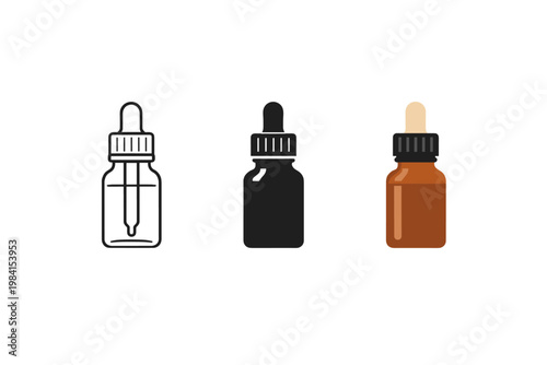 Minimal vector set of dropper bottles showing outline and filled icons, including a dark vial and an amber glass bottle with pipette cap on white