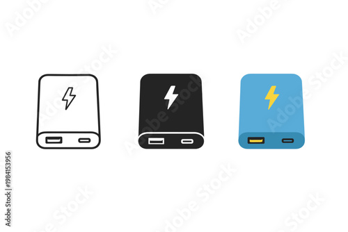 Three minimalist portable power bank icons in outline and solid styles, showing lightning charge symbol and USB ports on isolated background