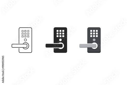 Minimal icon set of electronic door handles with keypad access control, showing outline, filled, and colored variations on a clean background