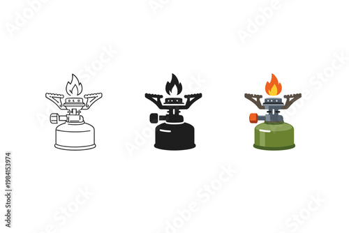 Set of portable camping gas stove icons showing outline, solid, and colored versions with burner flame, fuel canister, and control valve on white