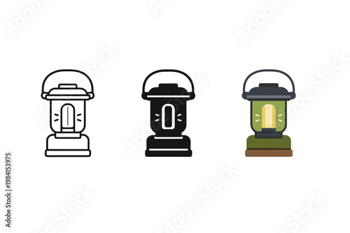 Three minimalist camping lantern icons shown in outline, solid, and colored styles, illustrating portable outdoor lighting equipment on a clean white background