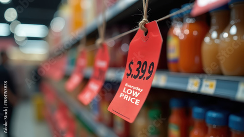 Red sale price tag hanging on string in supermarket aisle, everyday low price label, blurred shelves with colorful bottles, bokeh shoppers background, concept of retail, grocery, discount shopping