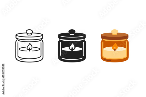 Set of three glass jar candles in outline, solid, and colored styles, showing burning tealight flames in minimal vector icon illustration