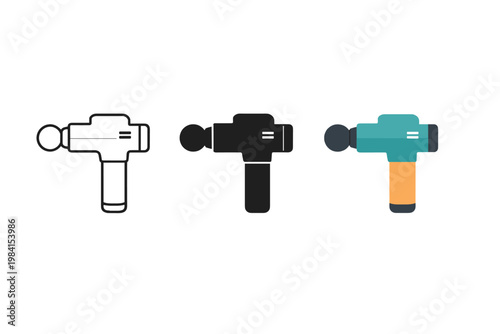 Three massage gun illustrations showing outline, solid, and colored vector designs of a handheld percussion therapy device on a clean background