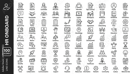 A collection of line icons related to HR onboarding, featuring various symbols and graphics. AI, eps, png, jpg. transparent background.