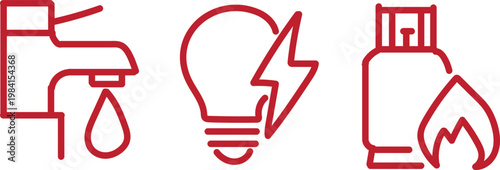 Minimal Thin Line Web Icon Set of Red Household Utilities Including Water Tap with Drop, Electric Light Bulb with Lightning Bolt, and Gas Cylinder with Fire Flame Isolated on White Background