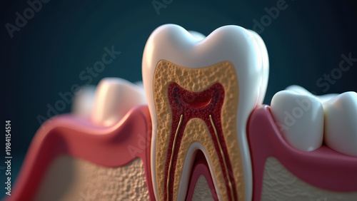 3D rendered cross section of wisdom tooth impaction pushing against molar in jawbone