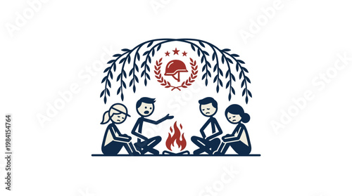 Campfire Storytelling with Friends Under A Willow Tree