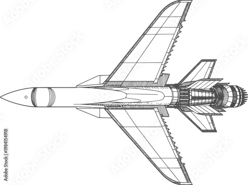 Detailed hand drawn sketch illustration of a cruise missile with wings fully extended, created in a clean line art style. suitable for defense, military, aviation, engineering, and strategic theme