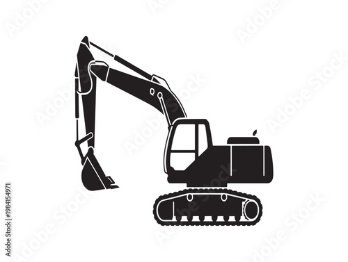 Black silhouette of a heavy excavator machine on a white background